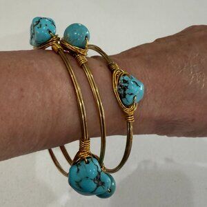 Set of 3 Turquoise Blue Stone Wire Wrapped Bangle Bracelets Boho
